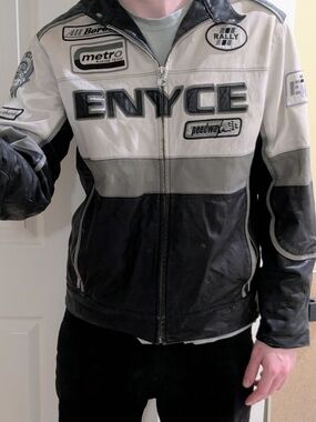 Vintage Enyce Y2K Black, Gray & White Racing Patch Genuine Leather Bomber Jacket